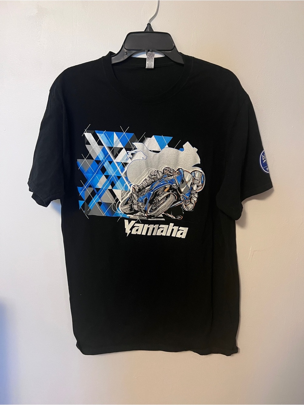 Yamaha Black Tee with Blue & White Motorcycle Graphic